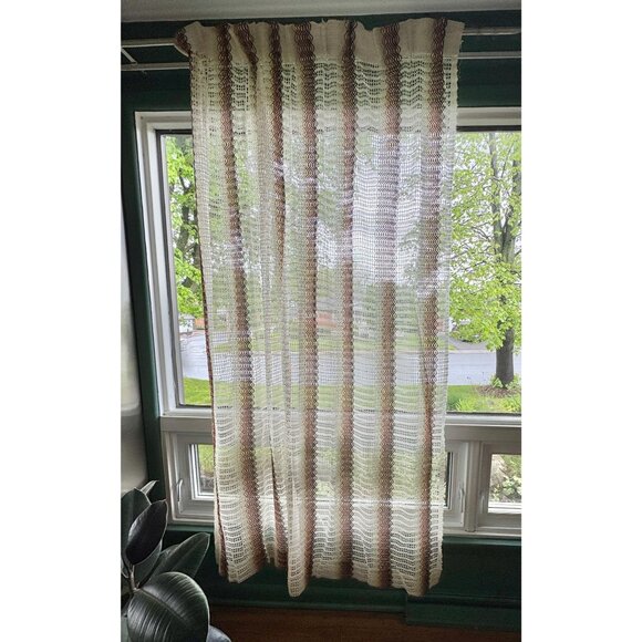 Vintage 70s mesh curtain, tan, rust, brown wavy stripes, pleated, per panel - Picture 2 of 10